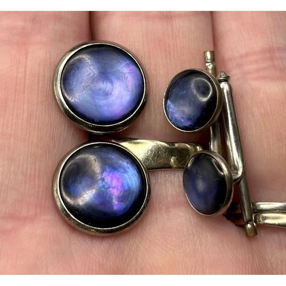 Vintage Silver Tone Moonglow Blue Cabochon Cufflinks Studs Cuff Button Set